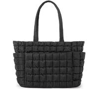 Queenoris Puffer Tote Bag for Women, Soft Quilted Shoulder Handbag Large Lightweight Satchel Purse Travel Gym Bag, Black, L