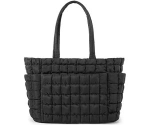 Queenoris Puffer Tote Bag for Women, Soft Quilted Shoulder Handbag Large Lightweight Satchel Purse Travel Gym Bag, Black, L