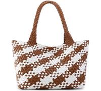 Queenoris Woven Bag for Women, Fashion Top Handle Shoulder Bag Vegan Leather Shopper Bag Large Travel Tote Bag, Brown+white