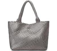 Queenoris Woven Bag for Women, Fashion Top Handle Shoulder Bag Vegan Leather Shopper Bag Large Travel Tote Bag, Silver