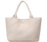 Queenoris Woven Bag for Women, Fashion Top Handle Shoulder Bag Vegan Leather Shopper Bag Large Travel Tote Bag, Beige