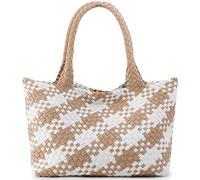 Queenoris Woven Bag for Women, Fashion Top Handle Shoulder Bag Vegan Leather Shopper Bag Large Travel Tote Bag, Apricot+white