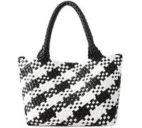Queenoris Woven Bag for Women, Fashion Top Handle Shoulder Bag Vegan Leather Shopper Bag Large Travel Tote Bag, Black+white