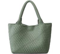 Queenoris Woven Bag for Women, Fashion Top Handle Shoulder Bag Vegan Leather Shopper Bag Large Travel Tote Bag, Bean Green