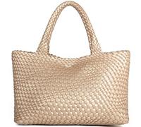 Queenoris Woven Bag for Women, Fashion Top Handle Shoulder Bag Vegan Leather Shopper, Golden