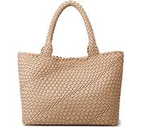 Queenoris Woven Bag for Women, Fashion Top Handle Shoulder Handbag Vegan Leather Shopper Purses Large Travel Tote Bag, Apricot