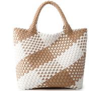 Queenoris Woven Bag for Women, Vegan Leather Tote Bag Large Summer Beach Travel Handbag and Purse Retro Handmade Shoulder Bag, Apricot and White