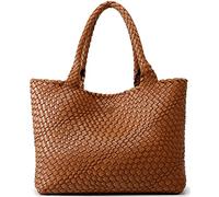 Woven Bag for Women, Fashion Top Handle Shoulder Bag Vegan Leather Shopper Bag Large Travel Tote Bag, Brown