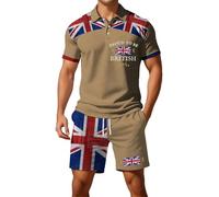 Queen's Official Birthday Shirt Men British National Day Britain Day Polo Shirt and Short Two Piece Set British Flag Short Sleeved Shirt Britain Street Party Celebration Shirts Khaki