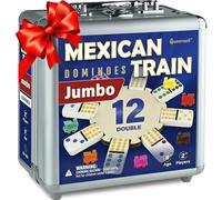 Queensell Mexican Train Dominoes Set Double 12 - Jumbo Dominoes Set for Adults, 91 Tiles with Colorful Dots, Wooden Hub, Train & Aluminum Case