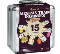 Queensell Mexican Train Dominoes Set Double 15 - Dominoes Set for Adults and Family, Mexican Train Double 15 Domino Stones with Coloured Dots - 136 Bricks, 9 Drags, Wooden Centrepiece, Aluminium Case