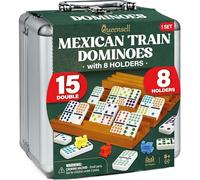 Queensell Mexican Train Dominoes Set Double 15 with 8 Holders - Wooden Hub and Stone Holder - Double 15 with Dots (D15 + 8 Holders)