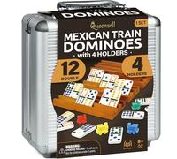 Queensell Mexican Train Dominoes Set with 4 Holders - Wooden Hub and Tiles Holders - Double 12 with Dots (D12 + 4 Holders)