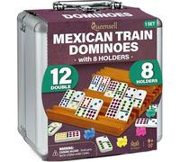 Queensell Mexican Train Dominoes Set with 8 Holders - Wooden Hub and Tiles Holders - Double 12 Tiles with Dots (D12 + 8 Holders)