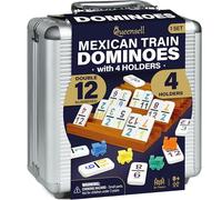 Queensell Mexican Train Dominoes Set with Numbers and 4 Holders - Wooden Hub and Domino Holders - Double 12 with Numbers