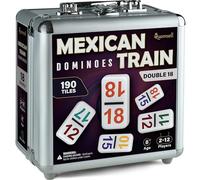 Queensell Mexican Train Dominoes Set with Numbers - Double 18 Dominos Set for Adults and Kids - Mexican Dominoes Train Game Night Games for Adults with Wooden Hub and Aluminum Case
