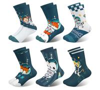 Queenshin Kids Boys Crew Socks Age 8-11 Years Blue Space Novelty Cartoon Animals Astronauts Casual Socks Gifts for Children Fox Panda Monkey Breathable 6 Pairs