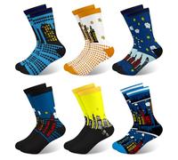 Queenshin Kids Boys Crew Socks for 5-8 Years City Skyline Novelty Crazy Cartoon Building Silhouette Striped Socks Gifts for Children Cosy Breathable 6 Pairs