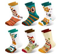Queenshin Kids Girls Crew Socks Age 8-11 Years Cute Colorful Owl Novelty Silly Cartoon Animal Stripes Gifts for Children Casual School Socks Breathable Soft 6 Pairs