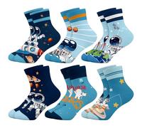 Queenshin Toddler Boys Ankle Socks Age 3-5 Years Blue Space Astronauts Rockets Novelty Funny Cartoon Socks Gifts Casual Breathable Soft 6 Pairs