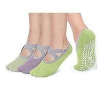 Queenshin Women's Yoga Socks with Non-Slip Grips & Straps, Best for Pilates, Pure Barre, Ballet, Dance, Barefoot Workout, Home, Casual, Hospital Anti-Skid Socks 3 Pairs