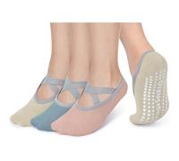 Queenshin Women's Yoga Socks with Non-Slip Grips & Straps, Best for Pilates, Pure Barre, Ballet, Dance, Barefoot Workout, Home, Casual, Hospital Anti-Skid Socks 3 Pairs