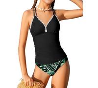 Queenstyle Girls Tankini Swimsuit V Neck Crochet Edge Cross Back Straps Two Piece Swimwear for 9-16 Years, black leaf print, 11-12 Years