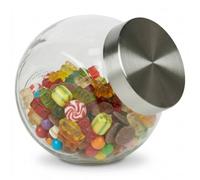 Queensway Home & Dining 1.5L Glass Sweet Candy Jar, Retro Angled Storage Container with Silver Metal Lid, Clear Glass Biscuit Treat Canister, Pantry Kitchen Countertop Organiser