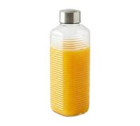 Queensway Home & Dining 1L Ribbed Glass Water Bottle with Silver Screw Lid, Square Fridge Carafe for Juice Milk and Cold Drinks, Clear Reusable Beverage Container - Set of 1