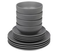 (12Pc Grey) Coloured Stone Ceramic Dinnerware Crockery Plates Bowls Dining Set