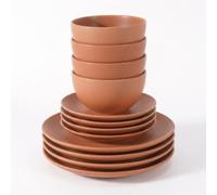 Queensway Home & Dining Stoneware Dinnerware Set (Terracotta, Pack 12) | Matte Glaze Finish, Dishwasher and Microwave Safe, Matching Plates and Bowls, Dinner Plate W26.5xD26.5xH3cm