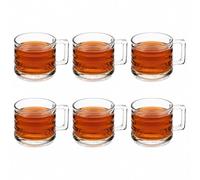 Queensway Home & Dining Textured Tempered Glass Tea & Coffee Cups, Clear Stackable Drinkware with Handle for Latte, Cappuccino & Hot Beverages, 250ml - Set of 6