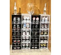Queensworth THE VIP VAULT Magnetic drop front Shoe Box, Stackable Shoe Organiser, Plastic Shoe Storage with Clear drop front Door, Quick access Easy to Assemble, Set of 2, Sizes up to UK 12 (Black)