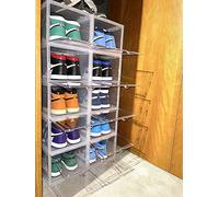 Queensworth THE VIP VAULT Magnetic drop front Shoe Box, Stackable Shoe Organiser, Plastic Shoe Storage with Clear drop front Door, Quick access Easy to Assemble, Set of 2, Sizes up to UK 12 (Clear)