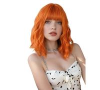 Queentas 14 Inch Ginger Bob Wig for Women Wavy Curly with Bangs Orange Short Wigs Shoulder Length Heat Resistant Synthetic Hair for Ladies Cosplay Party Fancy Dress Daily Use(14" Orange)