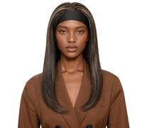 QUEENTAS 18-inch Bob Headband Wig for Women, Highlights, Straight Bob Half Wig, Synthetic Headband Wig, Shoulder-Length, Ice Silk Headband, Easy to Put On and Go (18" Brown Highlights with Blonde)