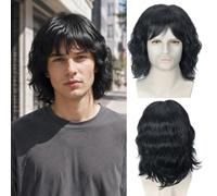 Queentas 70s 80s Punk Rocker Party California Wig Men Women Shoulder-length Wave Black Halloween Costume Cosplay Wig