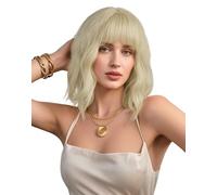 Queentas Blonde Bob Wig for Women, 12 Inch Wavy Curly Bob with Bangs Short Platinum Wigs Shoulder Length Heat Resistant Synthetic Hair Hairpieces for Ladies Cosplay Party Fancy Dress Daily Use