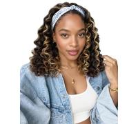 QUEENTAS Brown Mixed Black Deep Wavy Headband Wig, 14 Inch Deep Wave Synthetic Headband Wig for Women - Glueless Lightweight Natural Look Easy to Wear Forehead Band Wigs
