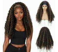 QUEENTAS Highlights Long Headband Wigs for Black Women, Curly Half Wig, 22 Inch Long Deep Waves Wavy Synthetic Wigs (22" Brown Highlights with Blonde)