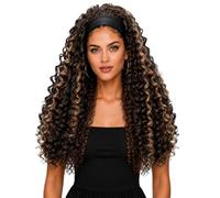 QUEENTAS Highlights Long Headband Wigs for Black Women, Curly Half Wig, 22 Inch Long Deep Waves, Wavy Synthetic Wigs (56 cm, Brown Highlights with Blonde)