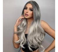 QUEENTAS Ladies Wigs 24In Black Mixed Grey Long Hair Wigs for Women Curly Omble Long Wig Middle Part Synthetic Hair Cosplay Wig (Black Mixed Grey)