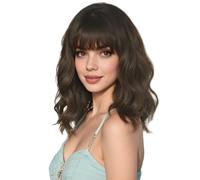 Queentas Short Shoulder Length Wavy Curly Bob Wig with Bangs for Women, Brown Synthetic Hair Wig, Natural Looking for Daily Wear and Halloween Party, 12 Inch, Chestnut Brown
