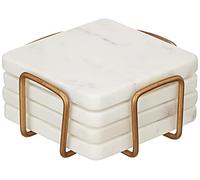 Queenza White Marble Coaster Set with Holder, 4 Inch Square Modern Coasters for Coffee Table - Coasters with Padded Bottom