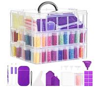 QUEFE 3-Tier Diamond Painting Storage Container, 100 Slots Clear Stackable Bead Organzier with Diamond Painting Accessories and Tools for DIY Diamond Art Craft Jewelry Bead Storage