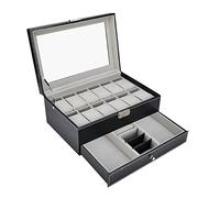 Queiting Watch Box 12-Slot PU Leather Watch Storage Box 2-Tier Watch Display Case with Glass Lid Gifts for Men and Women for Watches Jewelry and Sunglasses Storage