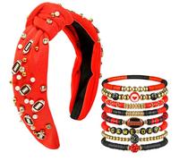 Quelay 1 Pcs Game Day Football Headband Women and 8 Pcs Bracelets Football Accessories Pearl Rhinestone Jeweled Knotted Headband Beaded Stretch Bracelet for Game Day Gifts Jewelry(Red,Red Black)