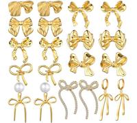 Quelay 10 Pairs Gold Bow Earrings for Women Ribbon Bow Stud Earrings Gold Butterfly Stud Earrings Ribbon Bowknot Jewelry for Wedding Bride Gifts, as shown in the figure, Metal, No Gemstone