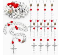 Quelay 12 Pcs Our Lady of Guadalupe Pearly Rosary Beads Catholic Virgen De Guadalupe Pearly Rosary with Red White Rose Christening Memorial Gift Virgin Mary Necklace Catholic Gifts for Guests