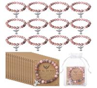 Quelay 12 Set Angel Bracelet Gifts with Greeting Card and Organza Bag Inspirational Pink Natural Stone Bracelets Encouragement Spiritual Jewelry Gifts for Women Faith Birthday Memorial Sympathy